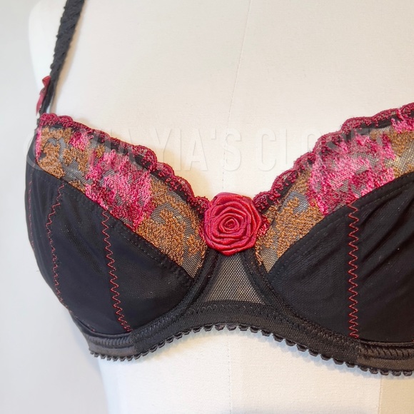 Empreinte 32C Rose 08129 Black/Red Underwire Balcony/Demi Lace Bra - NEW Pin-Up - Picture 9 of 15